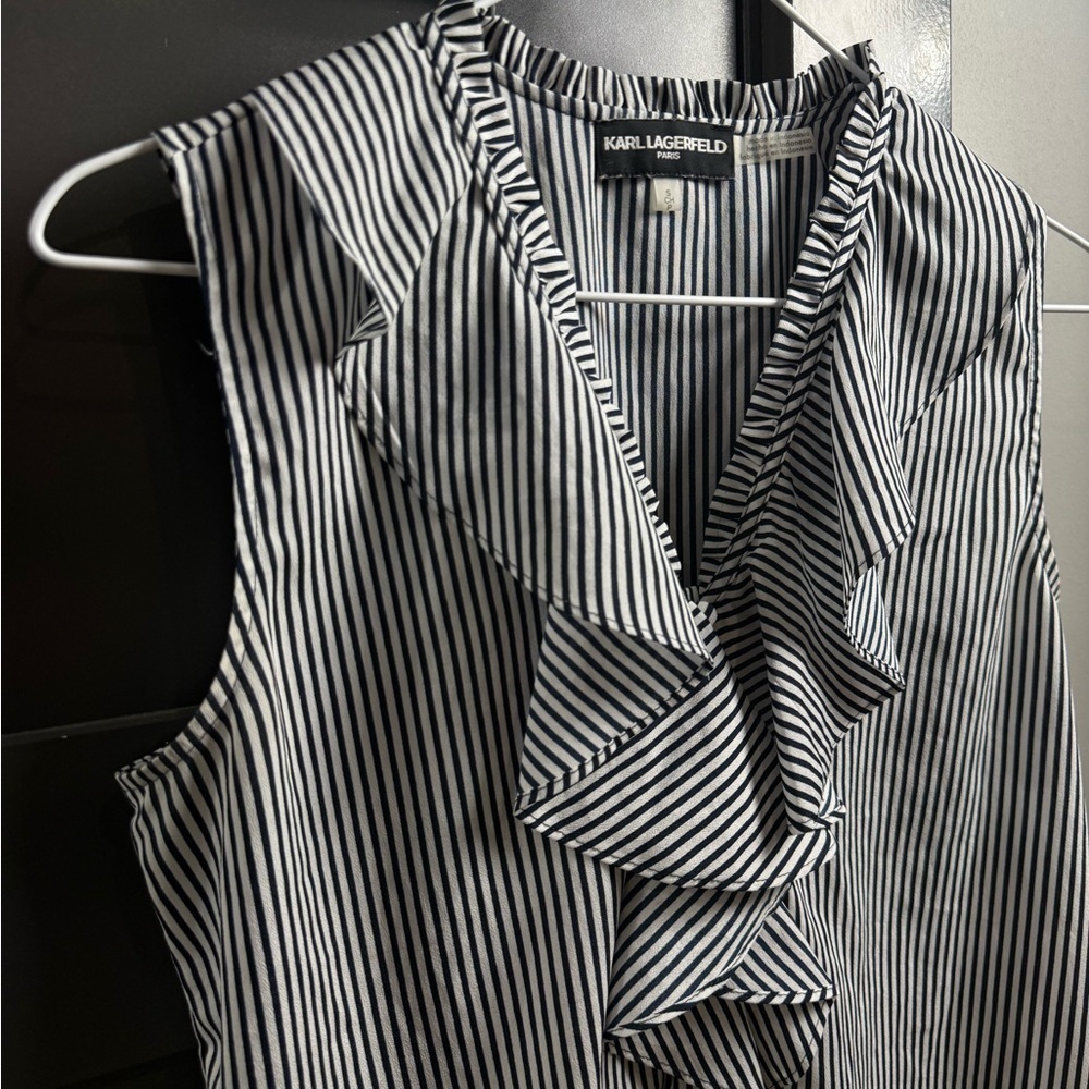 Karl Lagerfeld Black and White Stripes Women’s Small Ruffled Blouse Office - Picture 3 of 8